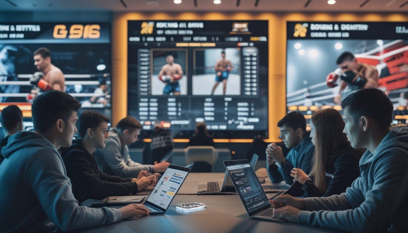 Sekelompok orang muda sedang menggunakan perangkat digital untuk mengikuti pertandingan tinju dan MMA serta taruhan olahraga di sebuah ruang modern.