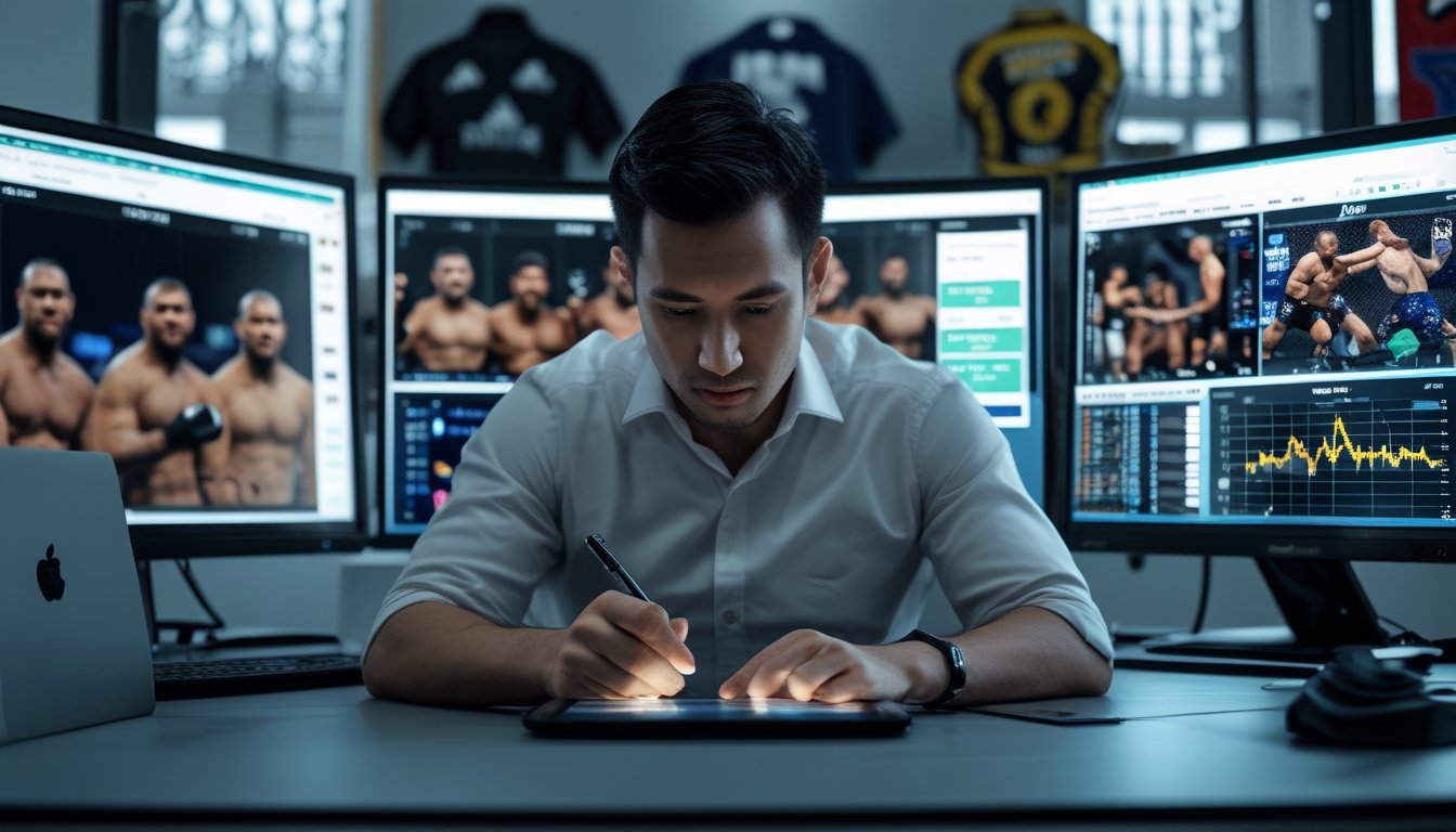 Seorang analis olahraga sedang fokus melihat layar komputer yang menampilkan pertandingan MMA dan data statistik di sebuah kantor modern.