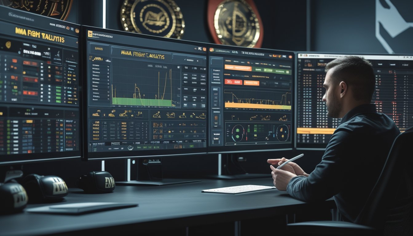 Seorang analis olahraga sedang bekerja di meja dengan beberapa layar komputer yang menampilkan data statistik dan rekam jejak petarung MMA untuk analisis taruhan olahraga.