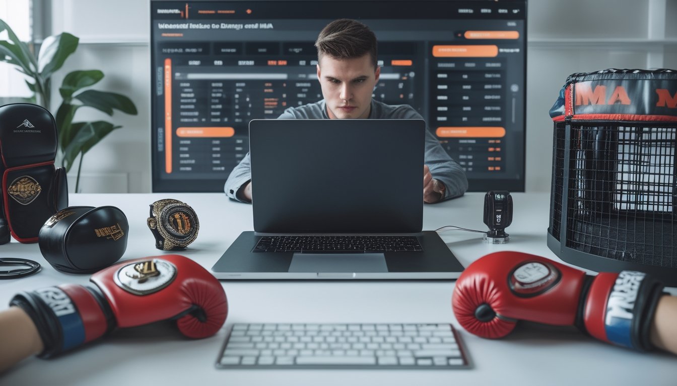 Seseorang duduk di meja dengan laptop, dilengkapi perlengkapan tinju dan MMA, serta layar besar yang menampilkan statistik taruhan olahraga.