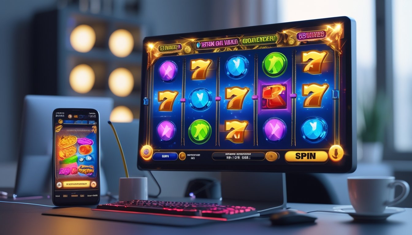 Layar komputer menampilkan permainan slot online dengan simbol Wild dan Scatter yang berwarna cerah di sebuah ruangan permainan modern.