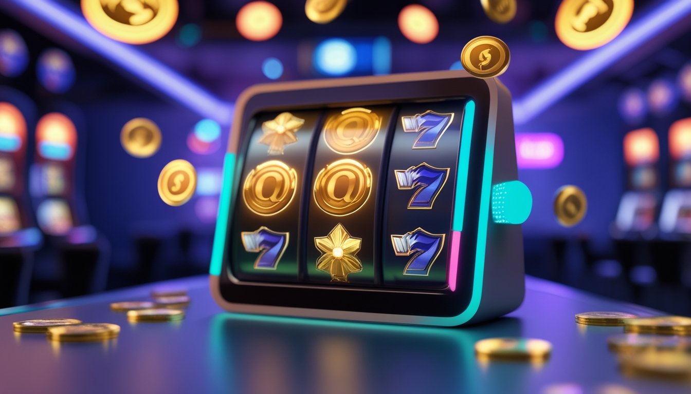 Tampilan layar mesin slot digital dengan simbol Wild dan Scatter yang menonjol, di latar belakang suasana kasino yang modern dan berwarna-warni.