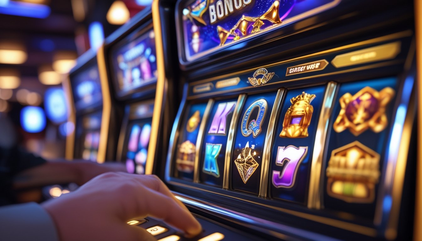Mesin slot modern dengan simbol wild, scatter, dan bonus game yang berwarna-warni di layar, dengan tangan pemain menekan tombol putar di latar kasino.