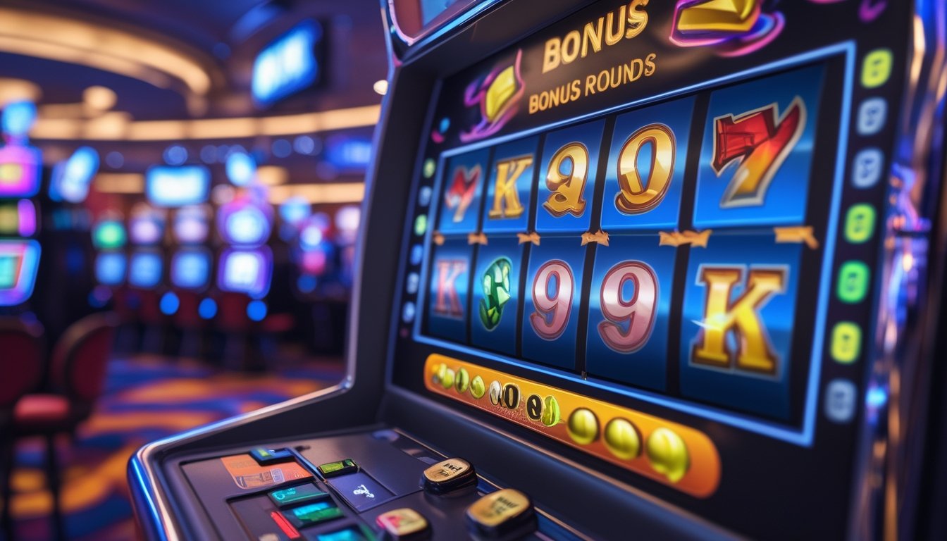 Mesin slot modern dengan simbol wild dan scatter yang menyala, menunjukkan fitur bonus aktif di dalam kasino.