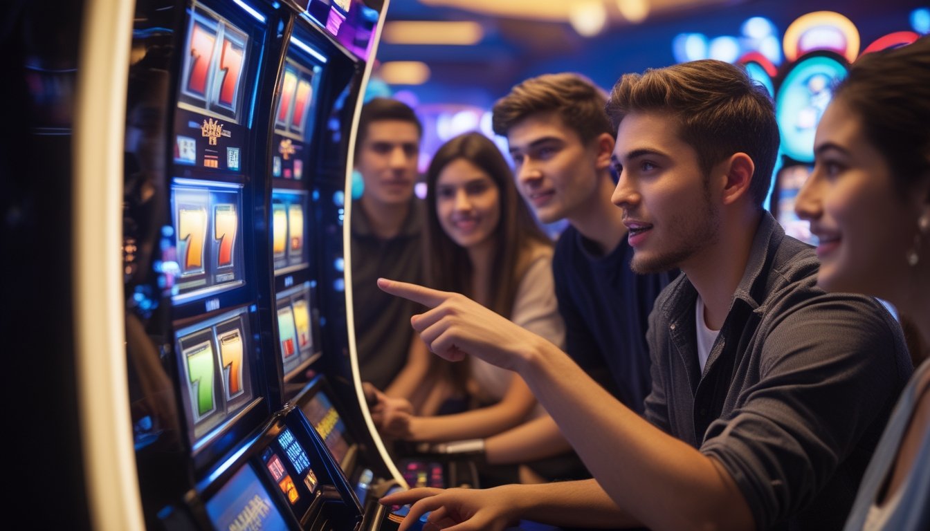 Seorang pemula sedang bermain mesin slot dengan simbol Wild dan Scatter, dikelilingi oleh teman-temannya di dalam kasino.