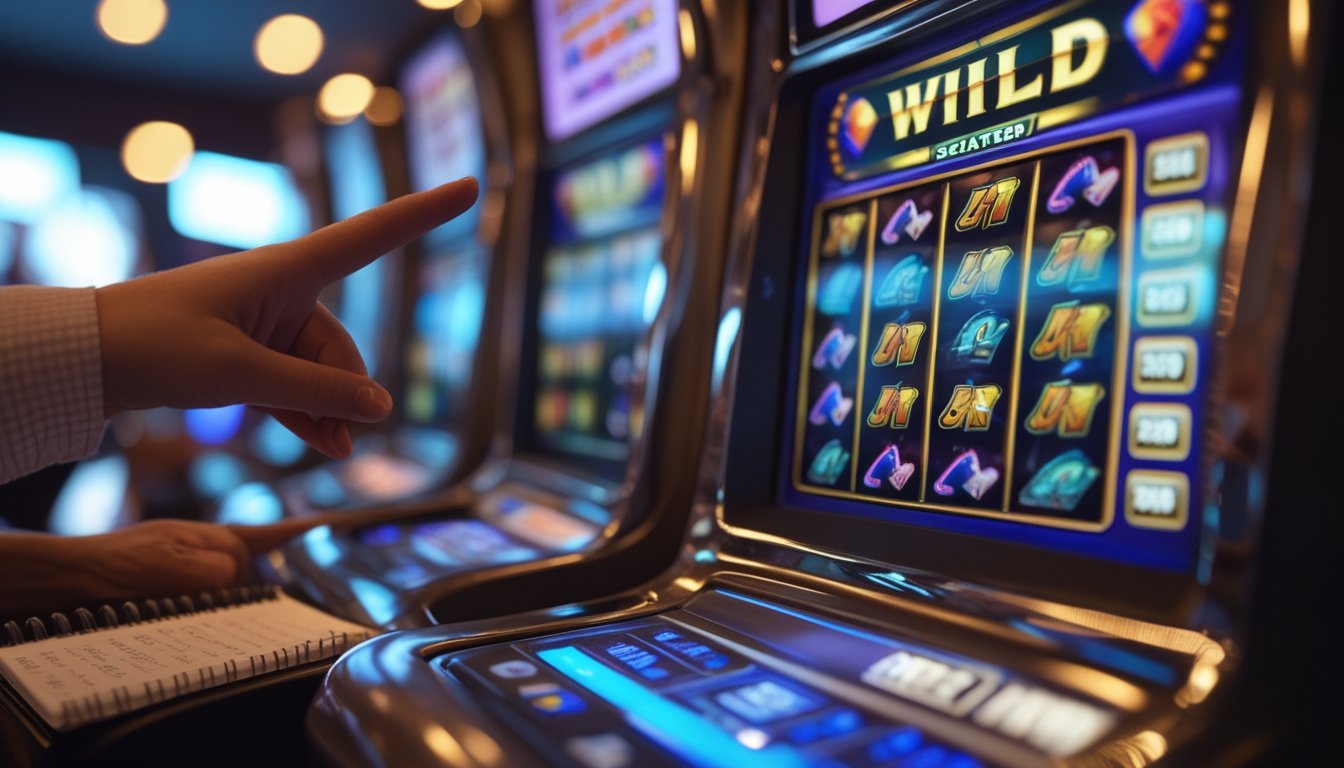 Seorang pemain sedang melihat layar mesin slot dengan simbol wild dan scatter yang berwarna cerah di kasino.