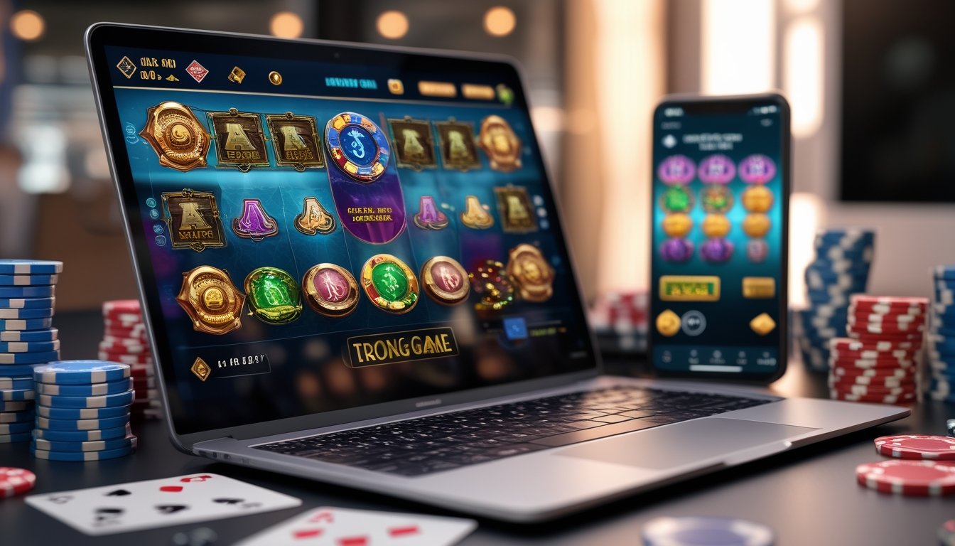 Sebuah laptop menampilkan permainan slot online dengan simbol warna-warni, dikelilingi oleh chip kasino dan kartu remi di atas meja.