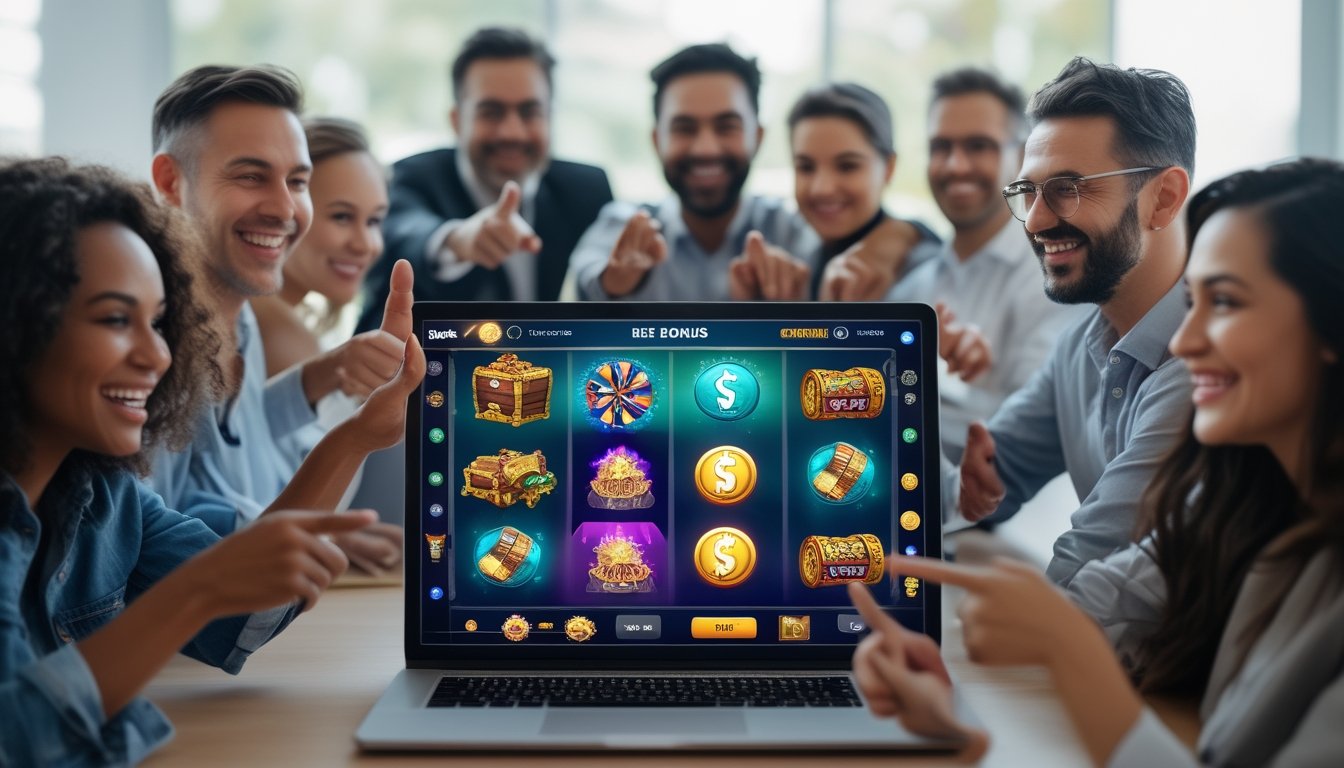 Beberapa orang dewasa sedang melihat dan berinteraksi dengan permainan slot online di layar laptop di dalam ruangan yang terang.