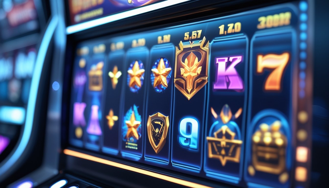 Layar mesin slot digital menampilkan simbol Wild, Scatter, dan Bonus Game yang berwarna-warni dan menarik.
