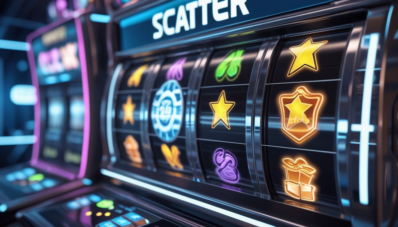 Tampilan mesin slot digital dengan simbol Wild, Scatter, dan Bonus Game yang berbeda pada gulungan berwarna-warni.