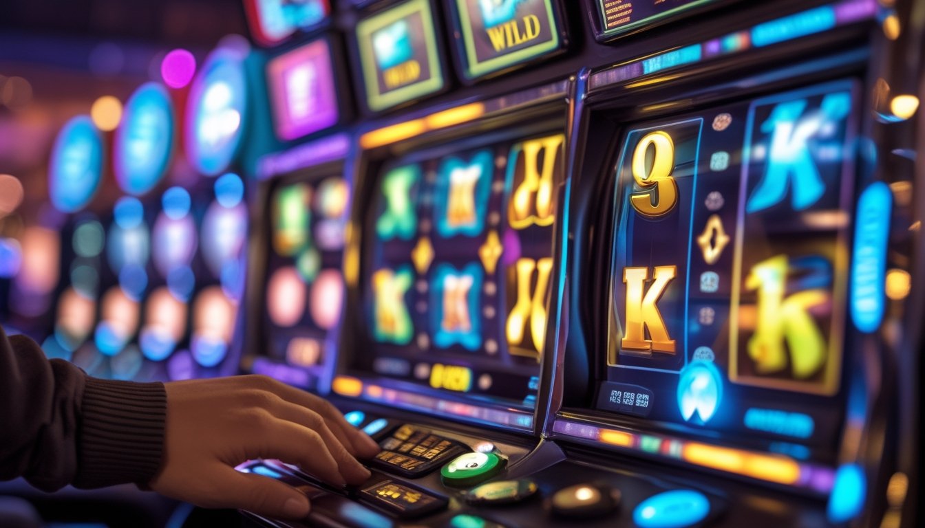 Gambar mesin slot dengan simbol Scatter dan Wild yang menyala, dikelilingi chip poker dan koin, suasana kasino yang hidup.