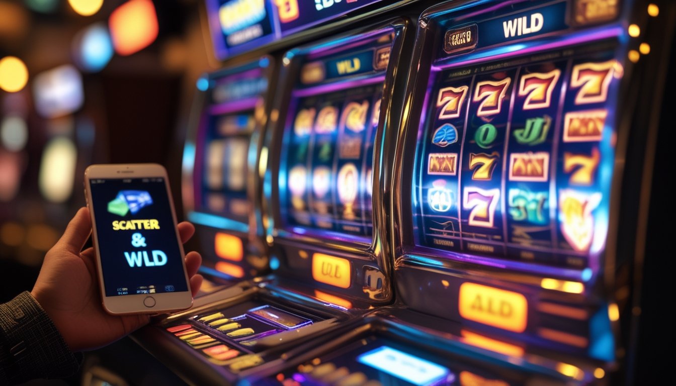 Tampilan dekat mesin slot digital dengan simbol Scatter dan Wild yang menonjol, di samping sebuah tangan memegang ponsel yang menampilkan permainan slot menang.