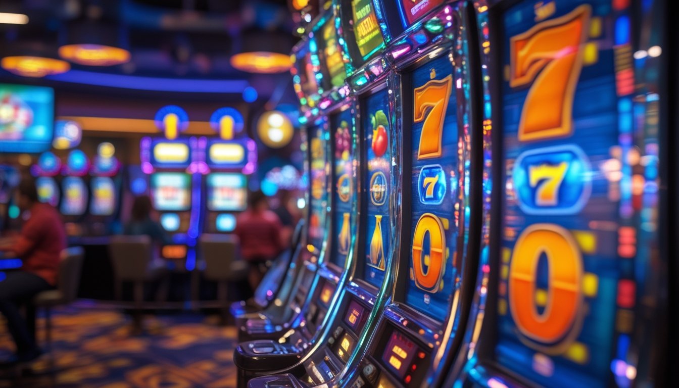 Mesin slot berwarna-warni dengan simbol klasik berputar di kasino modern yang ramai.