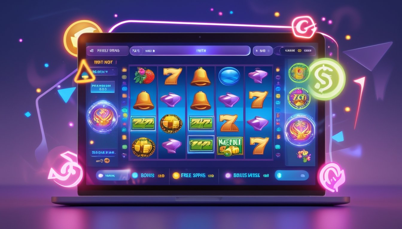 Layar komputer menampilkan permainan slot online dengan gulungan berwarna-warni dan simbol bonus seperti putaran gratis dan jackpot.
