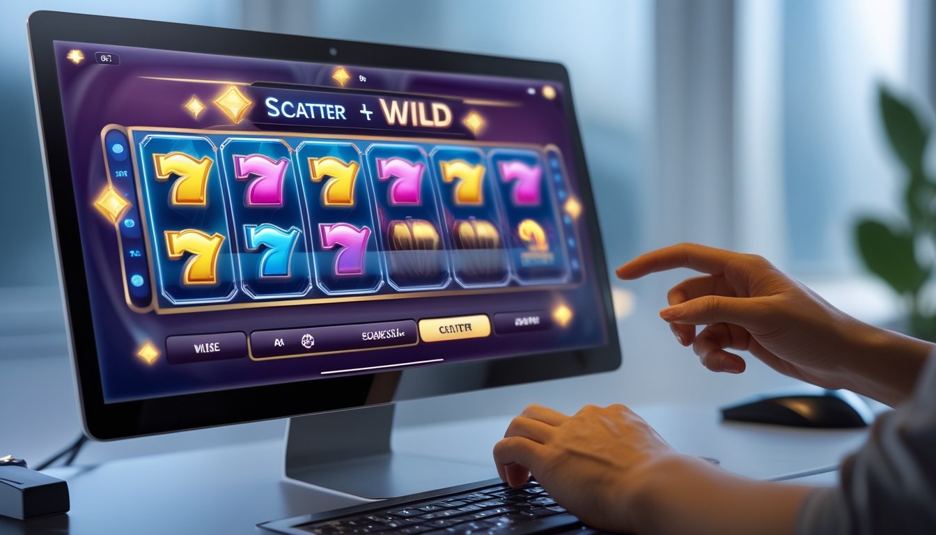 Seseorang sedang bermain game slot online terbaru dengan layar menampilkan simbol Scatter dan Wild yang berwarna-warni.
