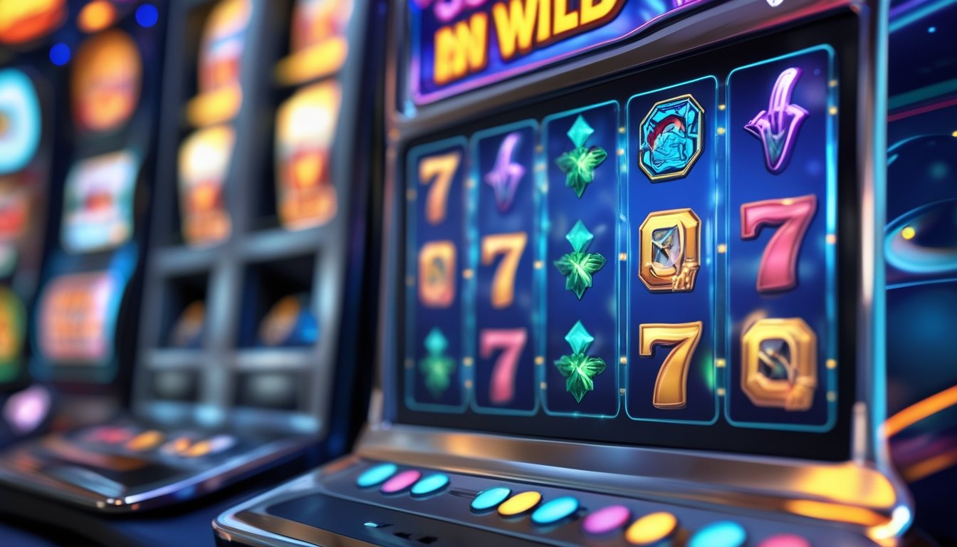 Layar perangkat digital menampilkan simbol Scatter dan Wild pada permainan slot online dengan latar belakang suasana kasino yang terang.
