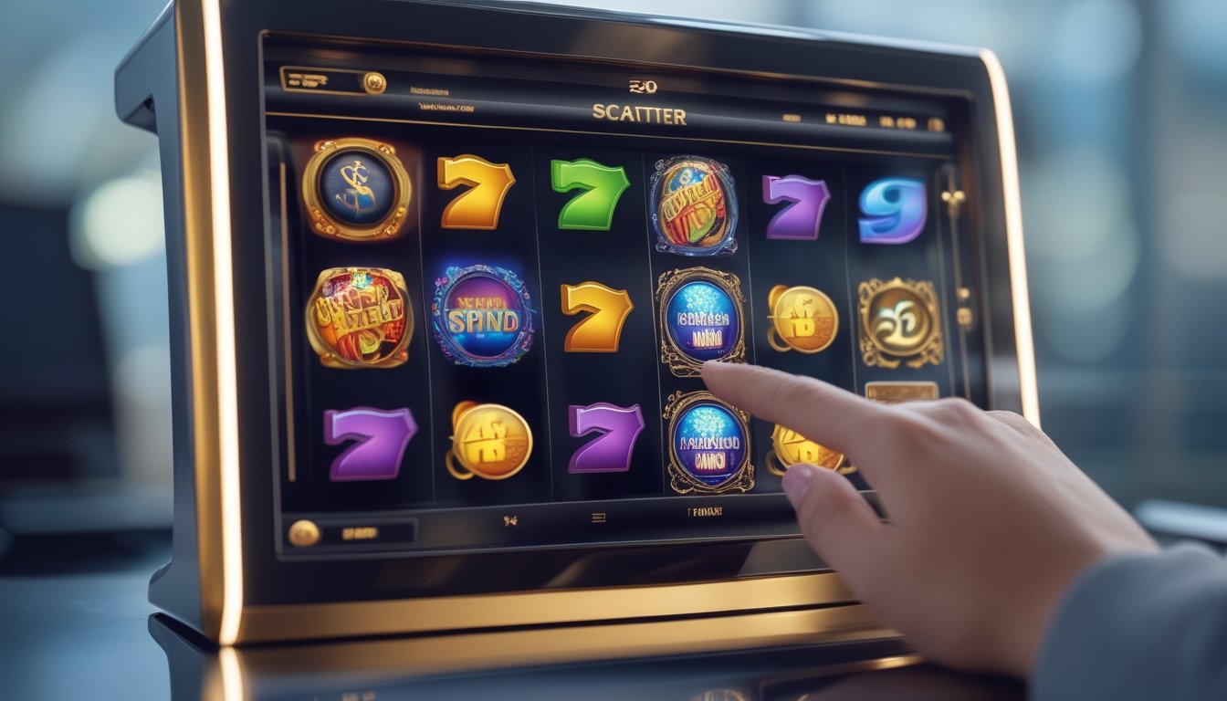 Layar mesin slot online dengan simbol Free Spin, Wild, dan Scatter yang berwarna-warni, di sebuah ruang permainan modern.