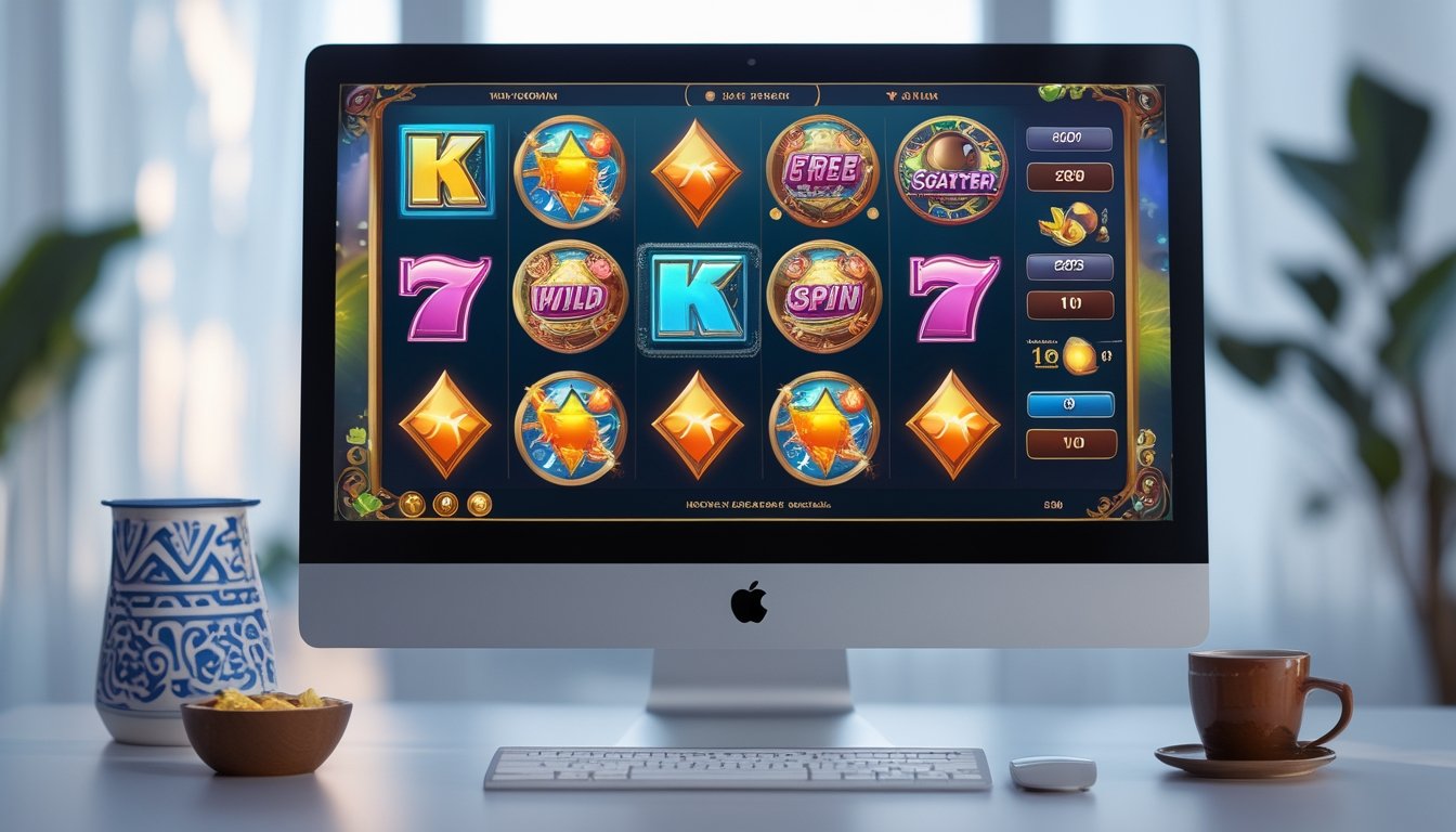 Layar komputer menampilkan permainan slot online dengan simbol Free Spin, Wild, dan Scatter yang berwarna cerah di meja kerja dengan dekorasi batik dan kopi.