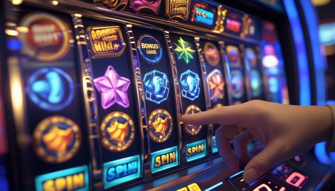 Tangan pemain menekan tombol putar pada mesin slot dengan simbol Bonus Game, Wild, dan Scatter yang terlihat jelas.