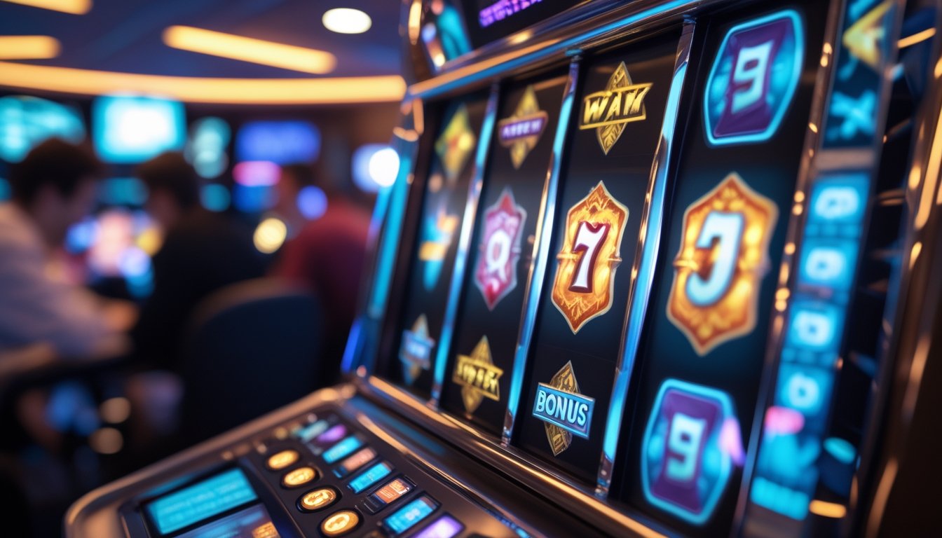 Gambar close-up mesin slot modern dengan simbol wild, scatter, dan bonus game yang berwarna-warni di kasino.