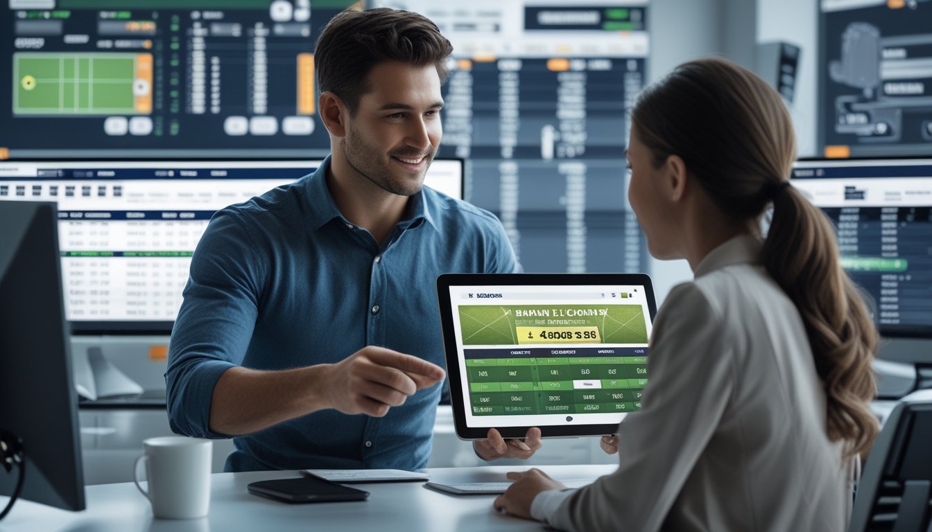 Seorang agen taruhan olahraga sedang berbicara dengan klien di kantor modern dengan layar menampilkan pertandingan tenis dan statistik taruhan.