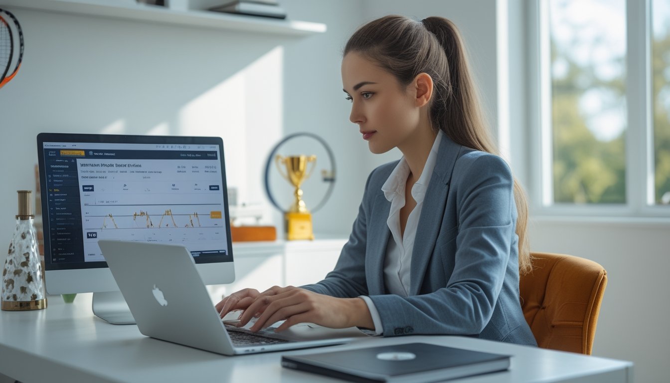 Seorang wanita muda duduk di meja kerja dengan laptop yang menampilkan situs taruhan tenis, di ruang kantor rumah yang terang dan rapi dengan dekorasi bertema tenis.
