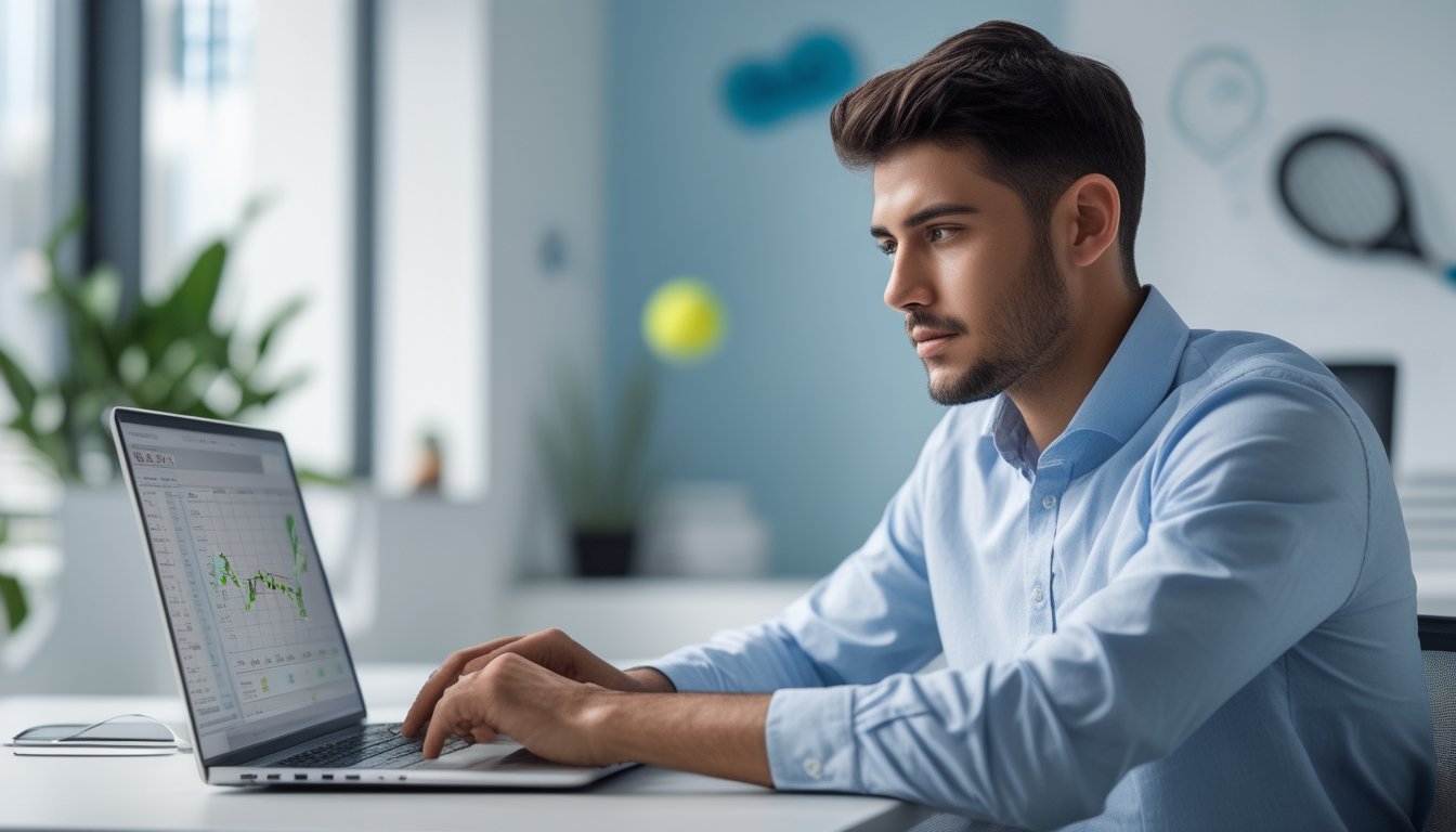 Seorang dewasa muda duduk di meja dengan laptop, memeriksa pilihan taruhan tenis online dalam ruangan kantor yang terang dan rapi.