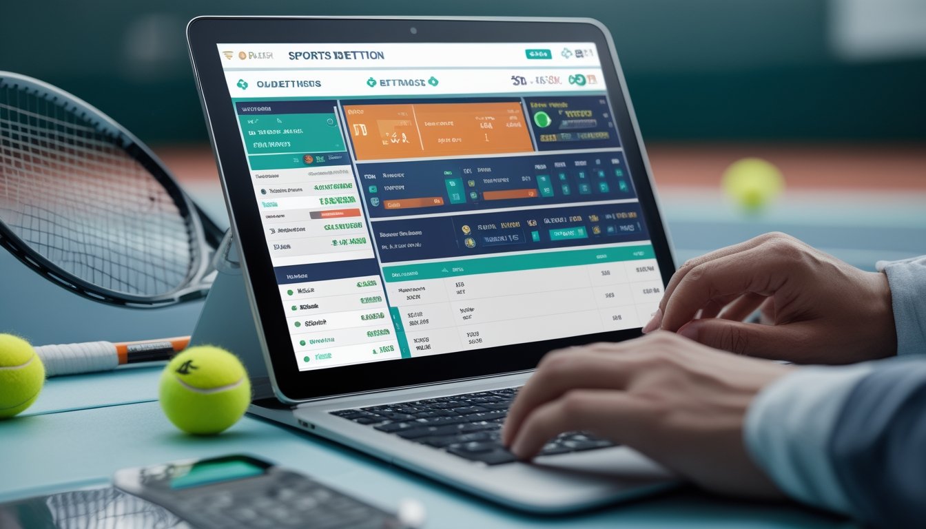 Seseorang sedang menganalisis data taruhan tenis menggunakan tablet di meja dengan raket dan bola tenis di sekitarnya.