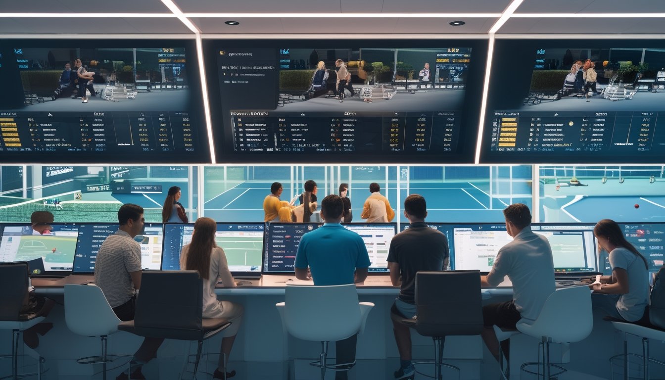 Orang-orang sedang memasang taruhan tenis secara online di ruangan dengan layar besar yang menampilkan pertandingan tenis dan peluang taruhan secara langsung.