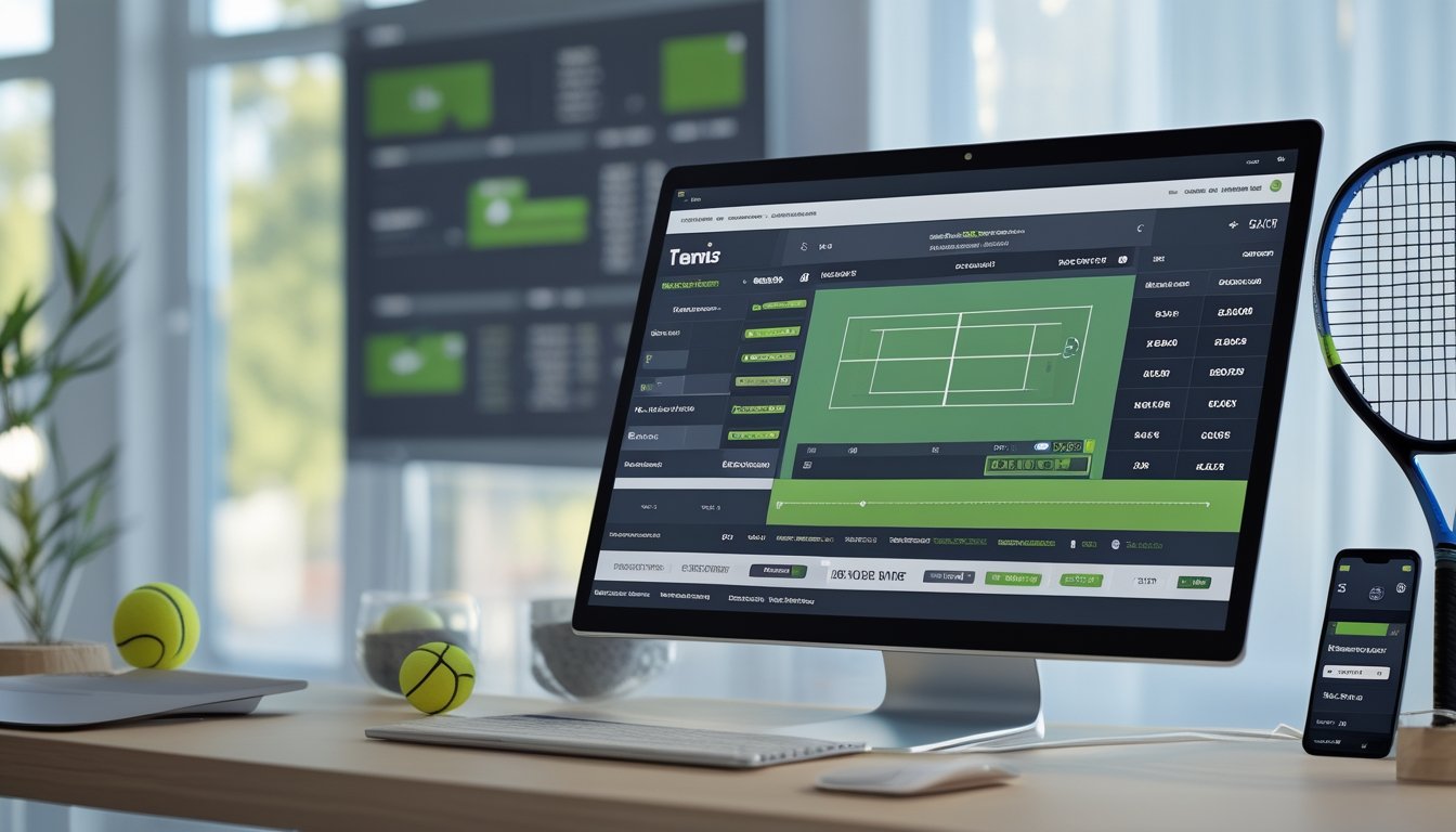 Seorang profesional menggunakan komputer dengan tampilan pertandingan tenis langsung dan data taruhan di layar, dengan raket tenis dan bola tenis di latar belakang.