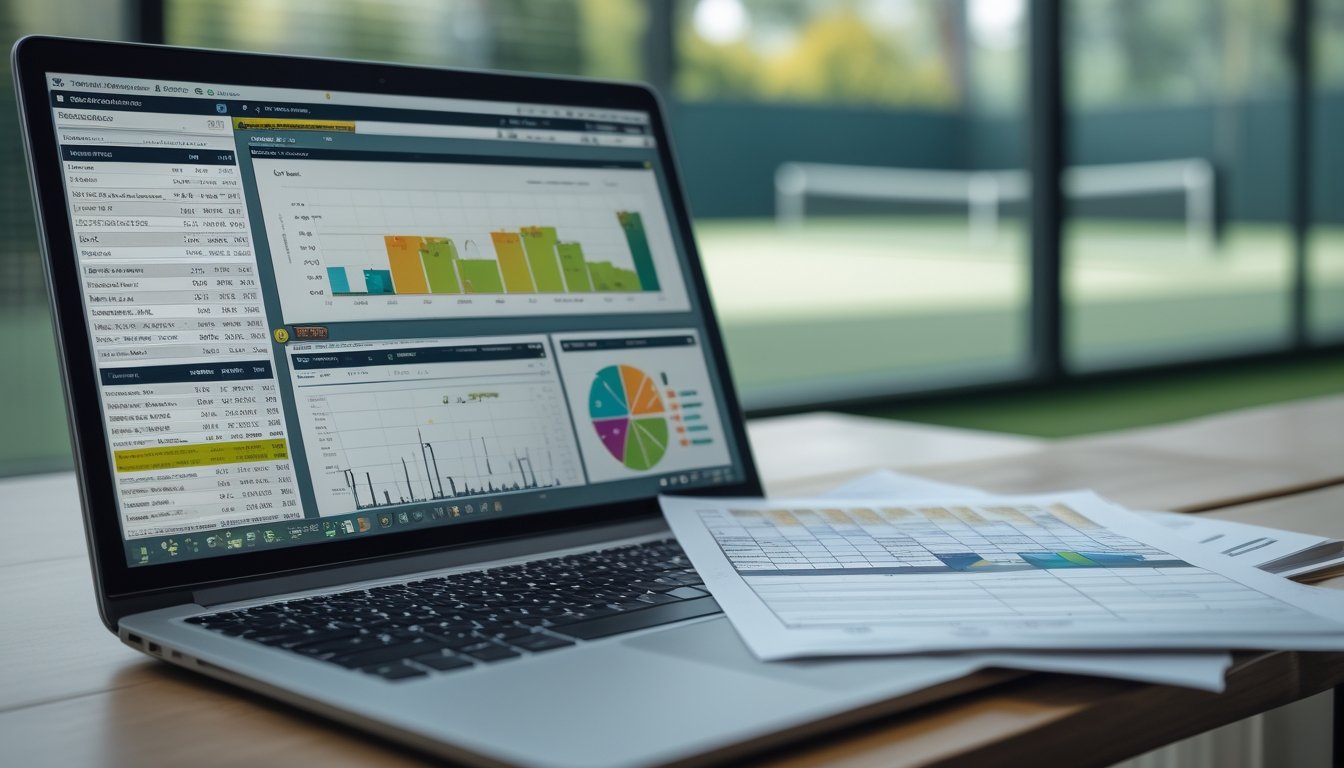 Seorang profesional di depan laptop dengan grafik statistik tenis dan data taruhan, dengan lapangan tenis terlihat di latar belakang.