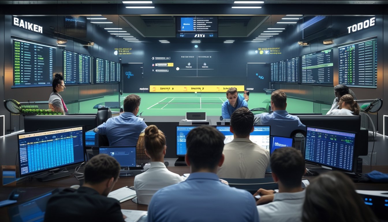 Orang-orang sedang menggunakan perangkat elektronik di ruang taruhan olahraga dengan layar menampilkan informasi pertandingan tenis.