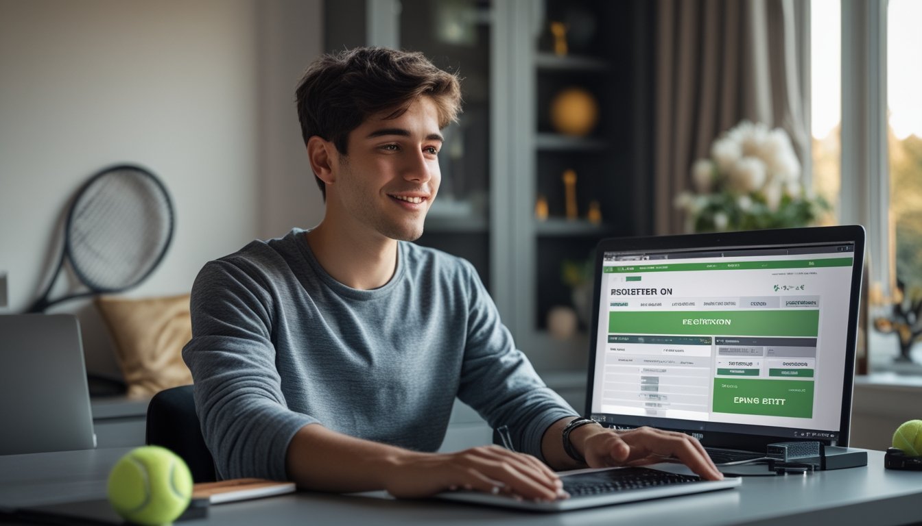 Seorang dewasa muda duduk di meja dengan laptop terbuka yang menampilkan situs taruhan tenis online, dikelilingi raket dan bola tenis.
