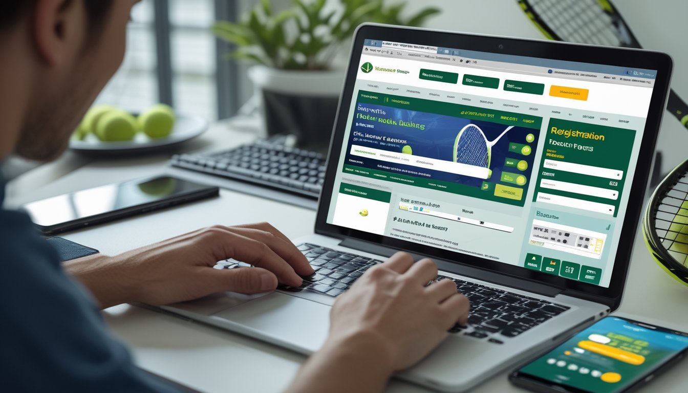 Seseorang sedang mendaftar di situs taruhan tenis online menggunakan laptop di meja kerja dengan bola tenis dan raket di dekatnya.