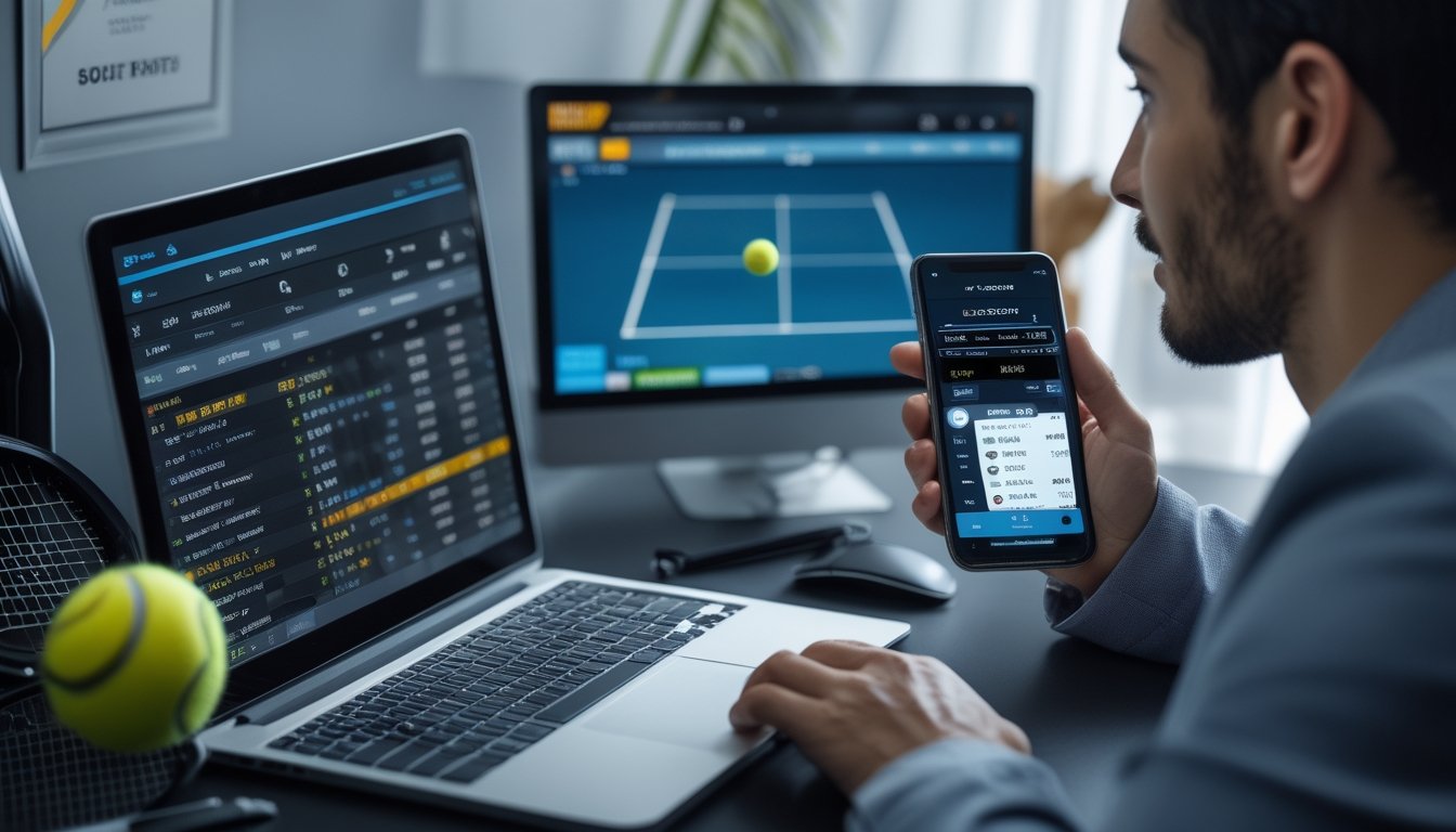 Seseorang duduk di depan laptop yang menampilkan statistik pertandingan tenis dan aplikasi taruhan, dengan bola tenis dan raket di meja, menunjukkan aktivitas taruhan olahraga tenis secara online.