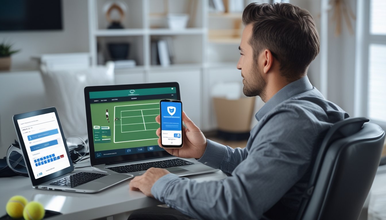 Seorang pria sedang duduk di ruang tamu sambil menonton pertandingan tenis di laptop dan menggunakan ponsel untuk taruhan olahraga online.