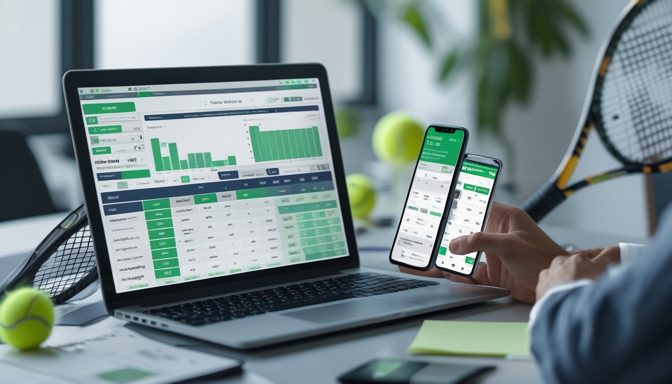 Seorang pemain berpengalaman sedang menganalisis data pertandingan tenis secara online menggunakan beberapa perangkat digital di ruang kerja modern.