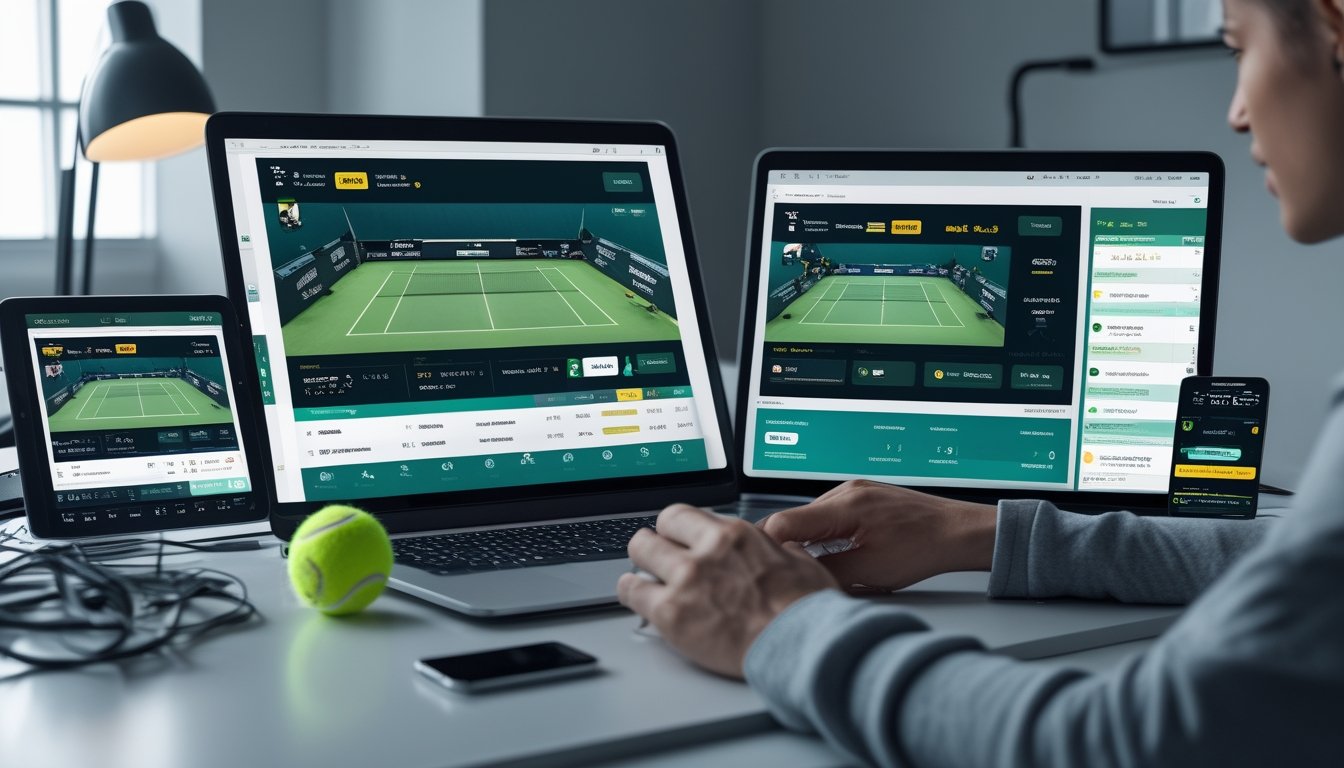Seorang pengguna berinteraksi dengan beberapa perangkat digital yang menampilkan pertandingan tenis secara langsung dan fitur taruhan waktu nyata di ruang kerja modern.