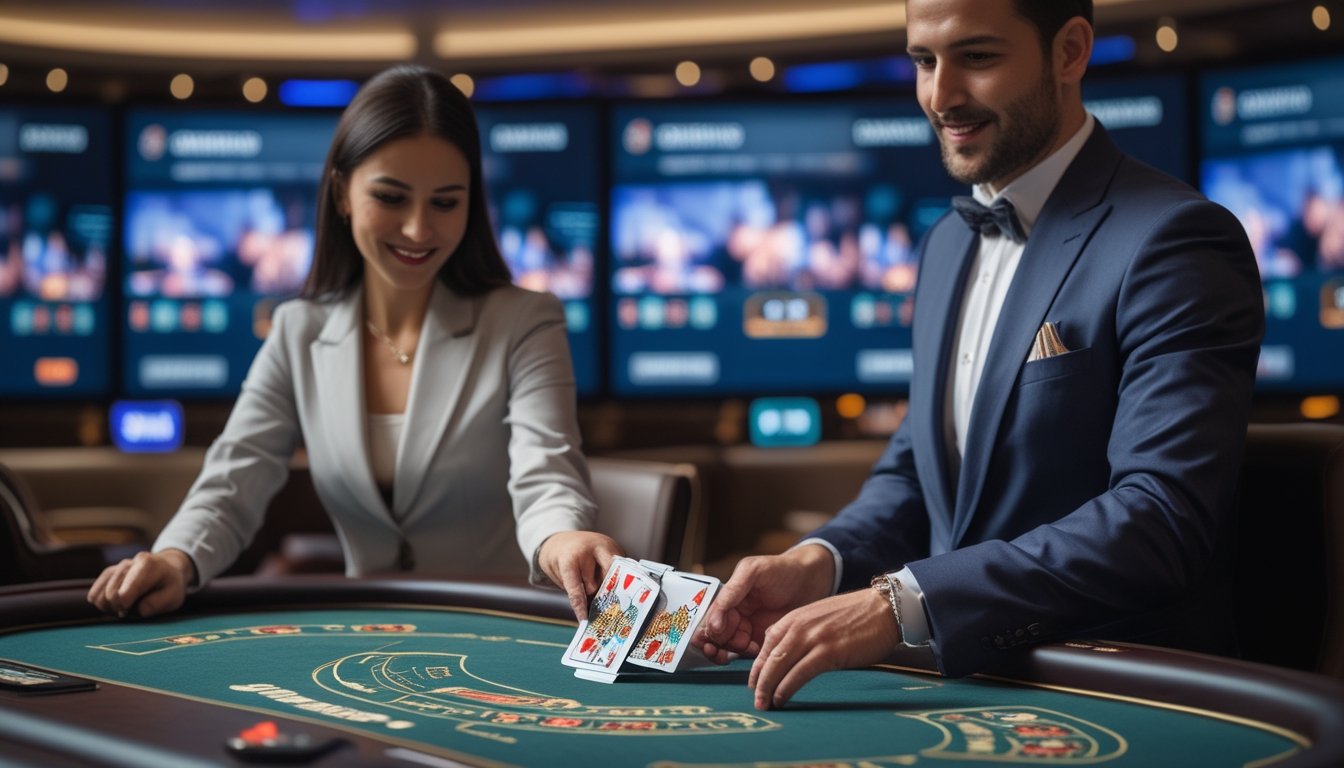Seorang dealer profesional sedang memainkan permainan baccarat online dengan kartu yang sedang disqueeze di meja permainan modern.