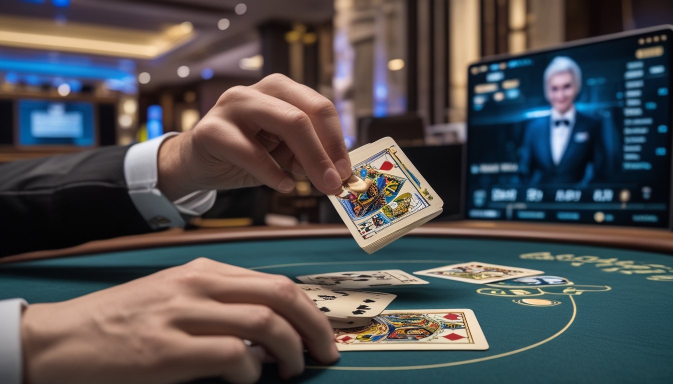 Tangan yang sedang membuka kartu baccarat secara perlahan dengan dealer langsung terlihat di layar di latar belakang.