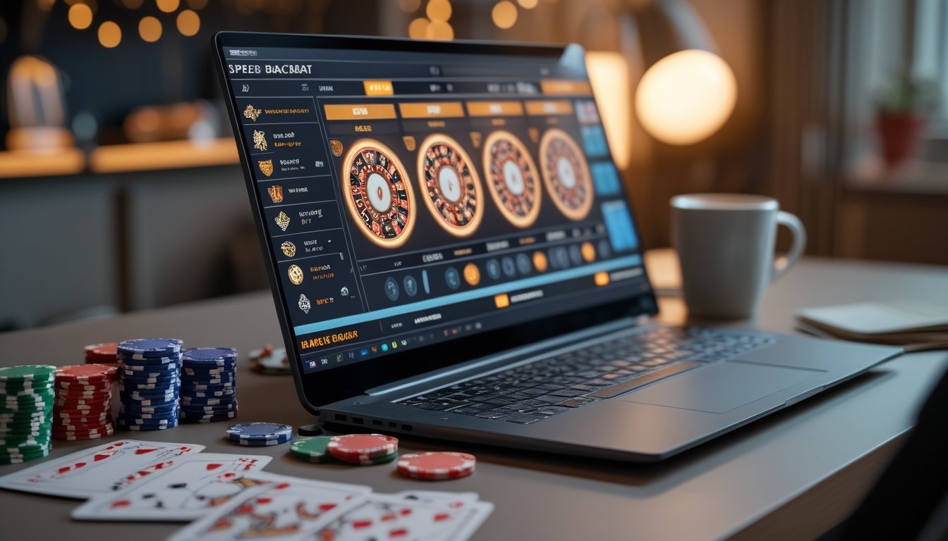 Seseorang menggunakan komputer dengan tampilan permainan Speed Baccarat dan chip poker di meja.