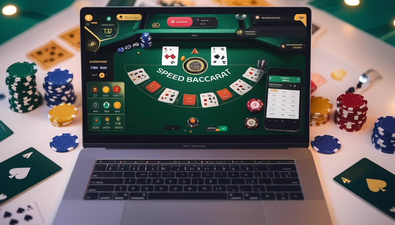 Seorang pemain menggunakan laptop dengan tampilan permainan Speed Baccarat dan beberapa chip serta kartu di meja.