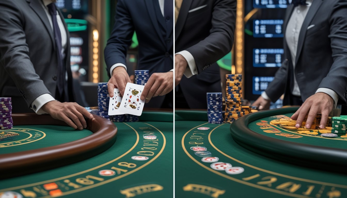 Dua meja Baccarat di kasino online, satu menampilkan dealer yang perlahan membuka kartu, dan satu lagi menunjukkan permainan cepat dengan kartu yang dibagikan dengan cepat.