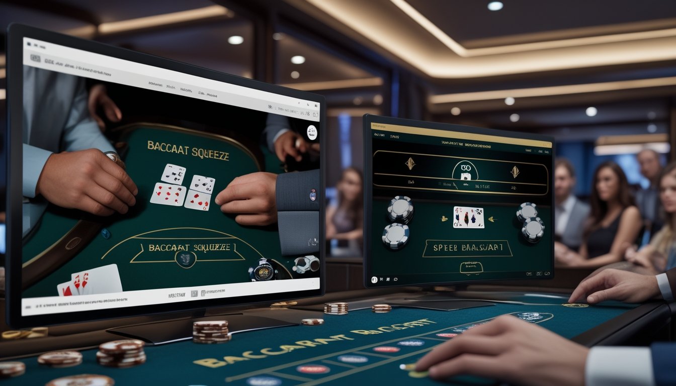 Tampilan dua mode permainan baccarat di kasino online, satu dengan kartu yang sedang dibuka perlahan dan satu lagi dengan permainan cepat, di meja kasino dengan pemain yang fokus.
