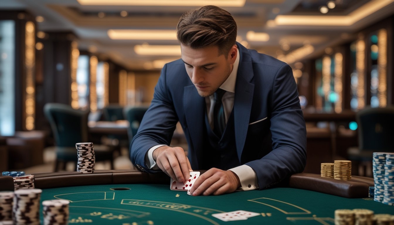 Seorang pria berpakaian rapi sedang bermain Baccarat dengan fokus di meja kasino yang mewah.