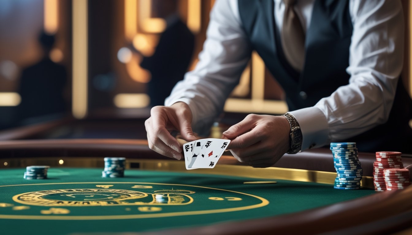 Seorang pemain yang serius sedang membuka kartu dengan hati-hati di meja permainan Baccarat di kasino mewah.