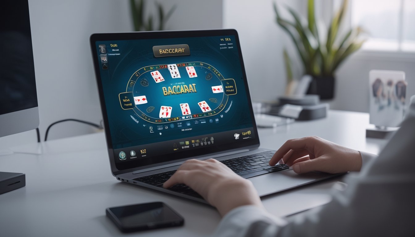 Seseorang menggunakan komputer dengan tampilan permainan baccarat online yang cepat dan lancar di sebuah ruangan yang terang dan rapi.