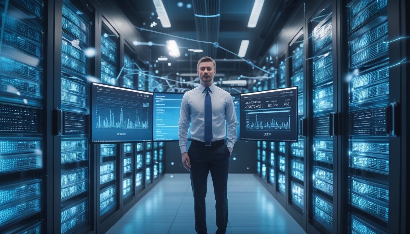 Seorang profesional IT sedang memantau layar dengan latar belakang rak server di pusat data modern.
