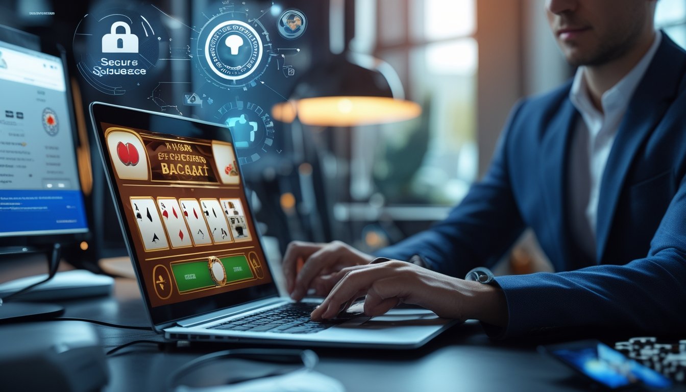 Seseorang menggunakan laptop dengan tampilan permainan baccarat di kantor modern yang rapi dan terang.