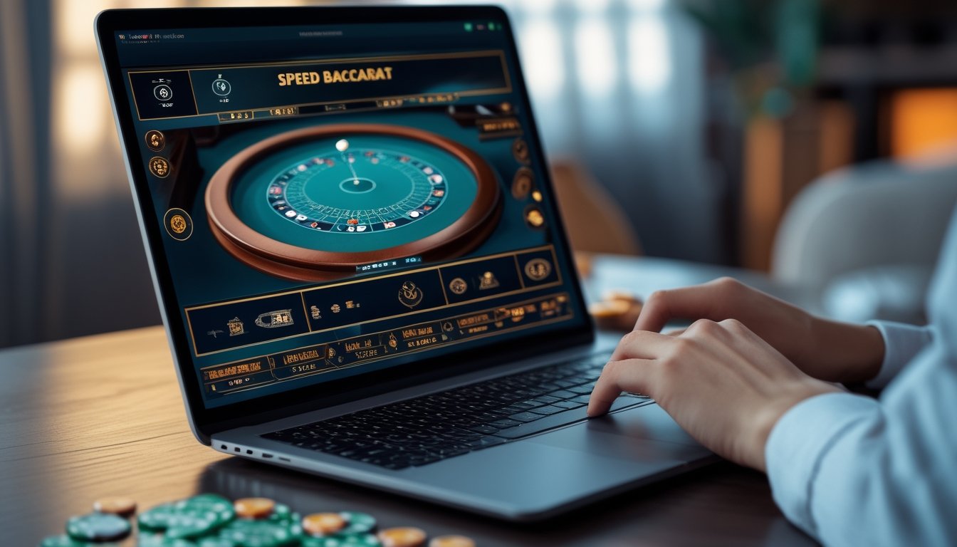Seorang pemain sedang menggunakan laptop untuk bermain Speed Baccarat di kasino online dengan suasana nyaman di rumah.